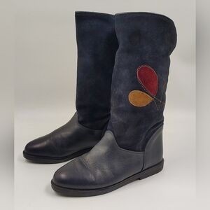Navy Black Leather Suede Winter Women's Boots Sz 36 w/ Appique